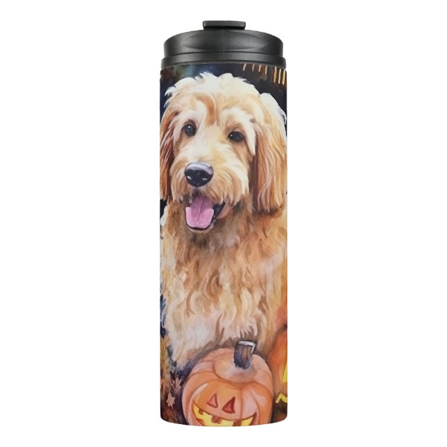 Termo Halloween Goldendoodle con calabazas aterradoras (Anverso)