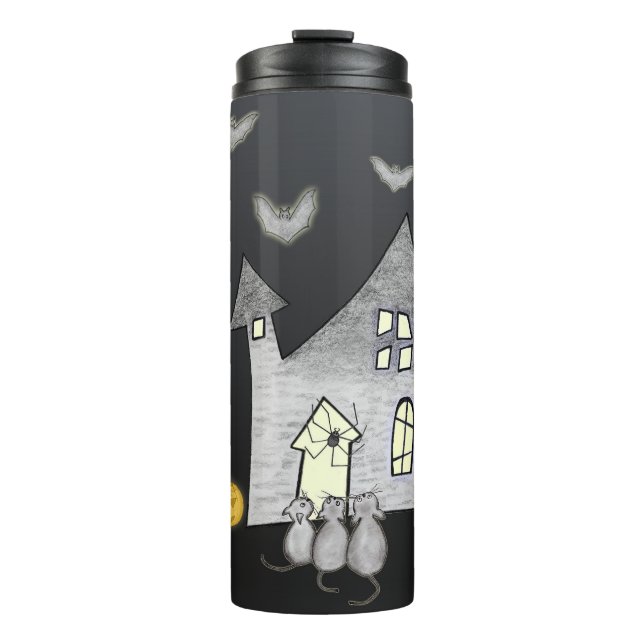 Termo Halloween House, gatos negros, murciélagos, calaba (Anverso)