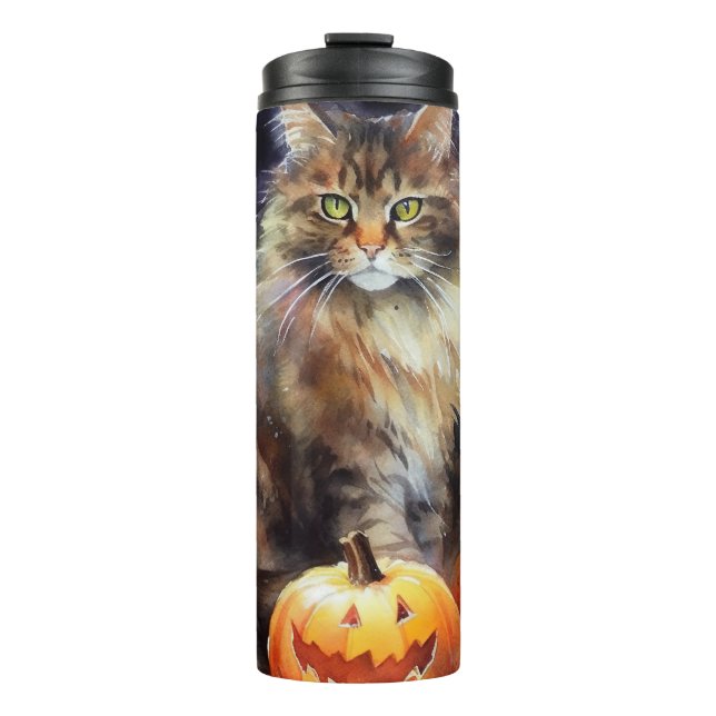 Termo Halloween Maine Coon Cat Con Calabazas Temerosas (Anverso)