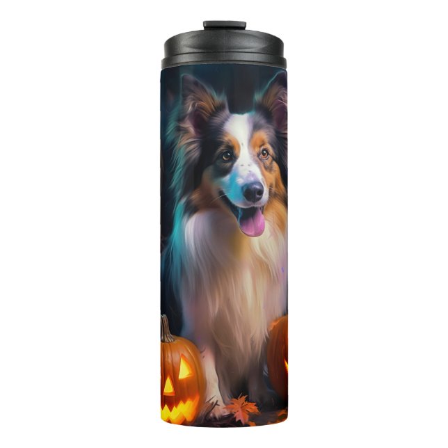 Termo Halloween Shetland Sheepdog con calabazas asustada (Anverso)