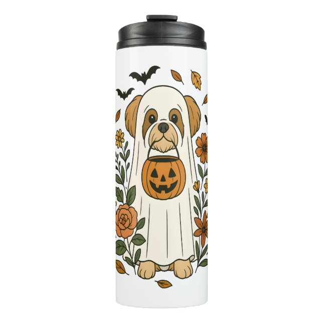 Termo Halloween Shih Tzu con flores de otoño (Anverso)