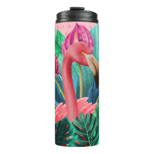 Termo Hermosa garza rosa con hojas tropicales