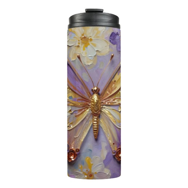 Termo Hermosa Mariposa Morada y Flores (Anverso)