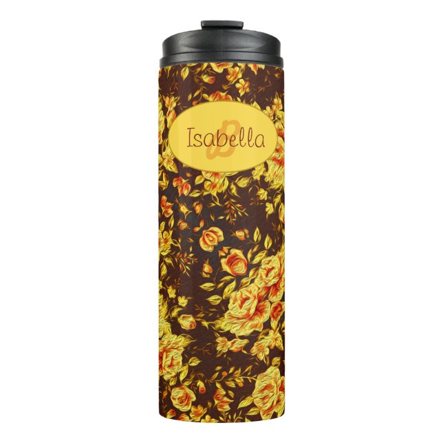 Termo Hermosas flores amarillas vintage Monograma (Anverso)