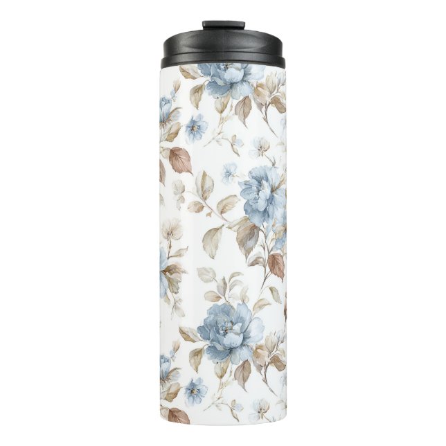 Termo Hermosas Flores Azules Crema Marrón Café (Anverso)