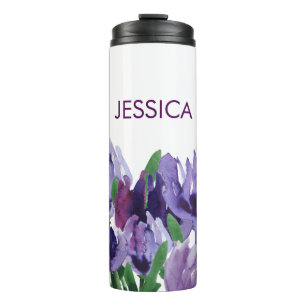 Termo Hermosas flores moradas acuarelas con nombre