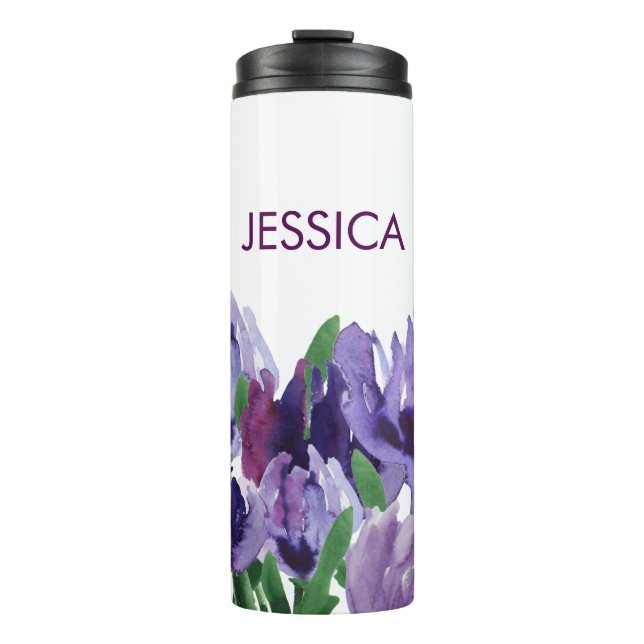 Termo Hermosas flores moradas acuarelas con nombre (Anverso)
