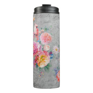 Termo Hermosas flores multicolores y pájaros en el cóncr