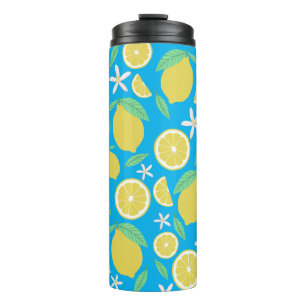 Termo Hermosas hojas de lemones y flores azul lamonada