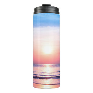 Termo Hermoso amanecer, mar azul, cielo rosa, whi