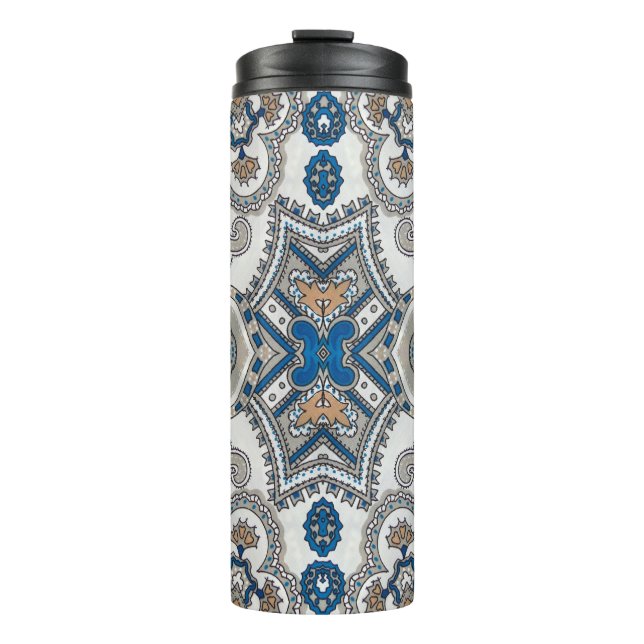 Termo Hermoso blanco y azul arabesco, patrón islámico (Anverso)