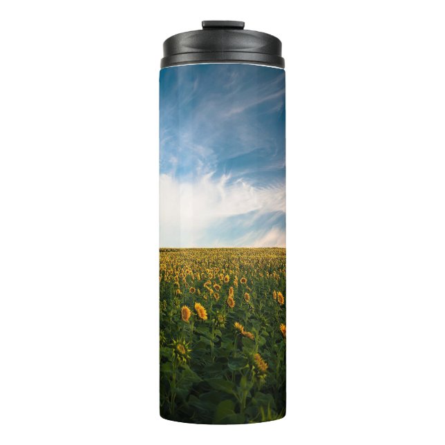 Termo hermoso campo de flores solares con cielo azul tur (Anverso)