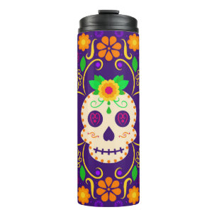 Termo Hermoso cráneo con flores Día de los Muertos
