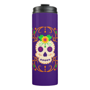 Termo Hermoso cráneo con flores Día de los Muertos