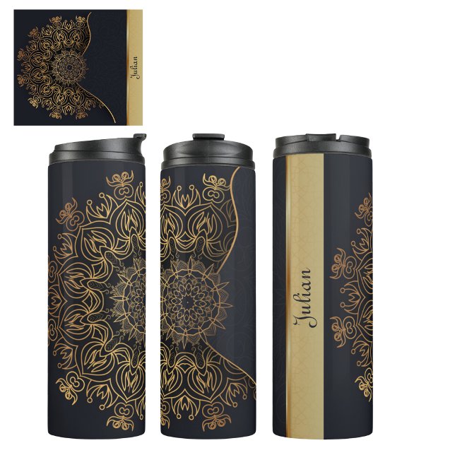 Termo Hermoso elegante Black Faux Gold Mandala (Beautiful elegant black and faux gold mandala for your friends or bridesmaids gifts. )