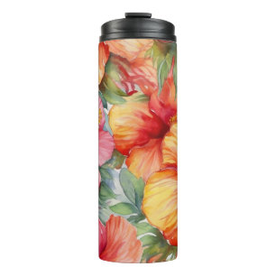TERMO HIBISCO TROPICAL AL ACUARELA ROSA ROJO NARANJA