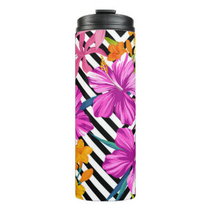 Termo hibisco tropical, hojas de palma, geométrico.