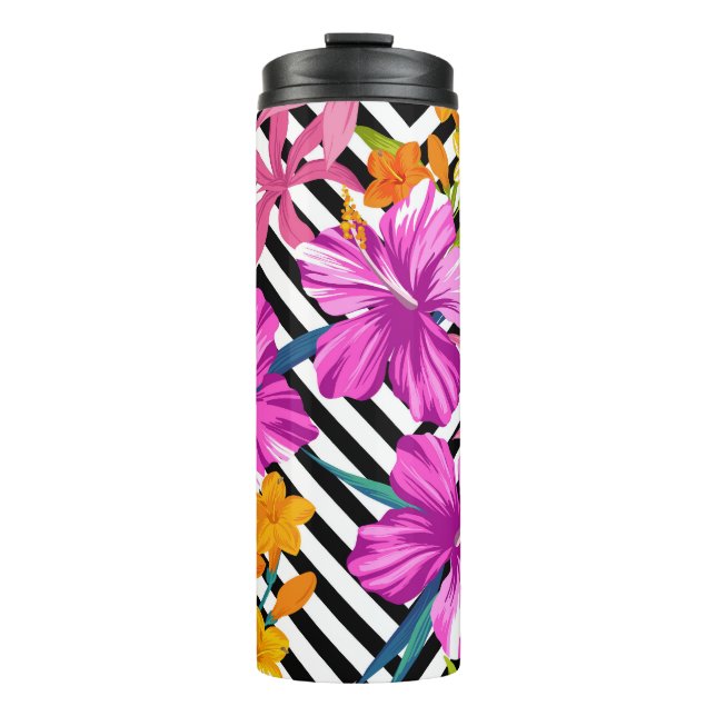 Termo hibisco tropical, hojas de palma, geométrico. (Anverso)