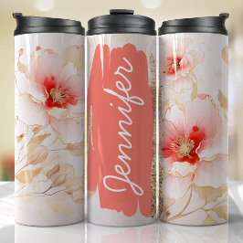 Termo Hibiscus Añadir nombre Peach Floral Personalizado