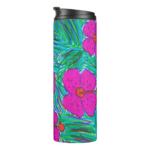 Termo Hibiscus rosado y hojas de palmera