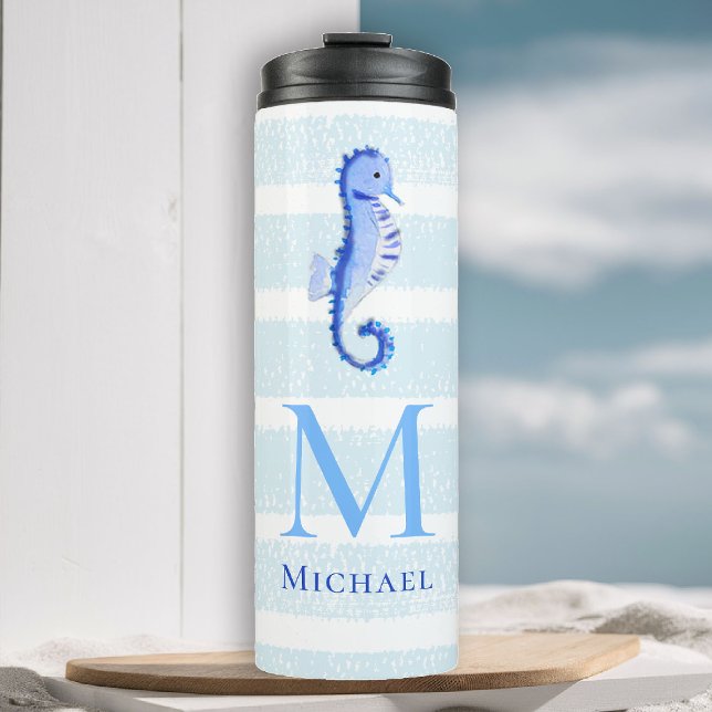 Termo Hippoglucemia Monograma Playa Nautical Stripe Wate (boy tumbler personalized monogram seahorse sea blue stripes nautical ocean grandchild baby gift)