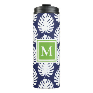 Termo Hoja de Monstera Verde Azul Marino Blanco Monogram