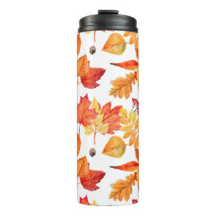 Termo Hojas acuarelas, patrón natural sin costuras.