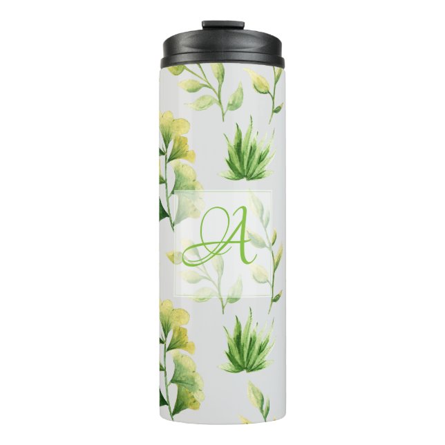 Termo Hojas Botánicas Monogramadas Acuarela Verde Deco (Anverso)