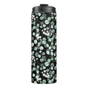 Termo Hojas de eucalipto: Patrón de flores blancas