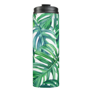 Termo Hojas de Monstera: Patrón de jungla acuarela.