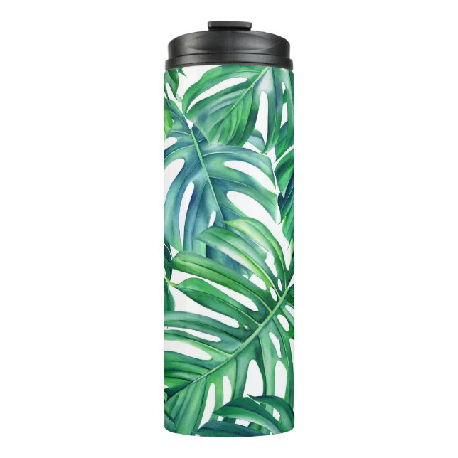 Termo Hojas de Monstera: Patrón de jungla acuarela. (Anverso)