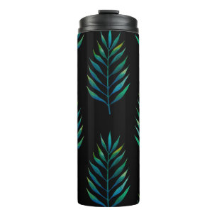 Termo Hojas de palma de color agua verde sobre fondo neg
