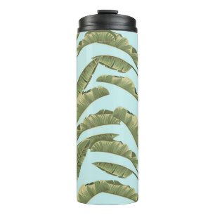 Termo Hojas de plátano sin foco. Patrón tropical vintage