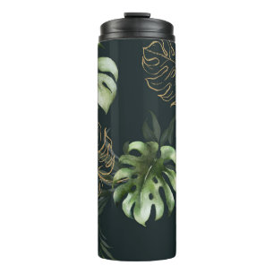 Termo Hojas tropicales de oro: acuarela oscura