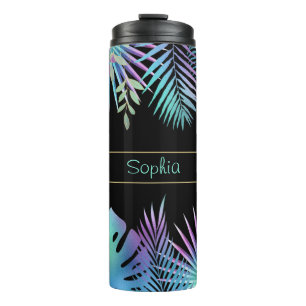 Termo Hojas Tropicales Irisadas, Nombre Teal Personaliza