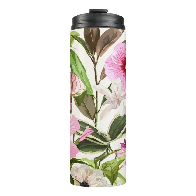 Termo Hojas verdes tropicales brillantes, flores. (Anverso)