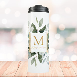 Termo Hojas Verdes Tropicales de Acuarela con Monograma
