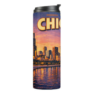 Termo horizonte de Chicago y lago Michigan al atardecer