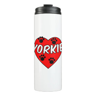 Termo Huellas de patas de perro Yorkie y corazón rojo