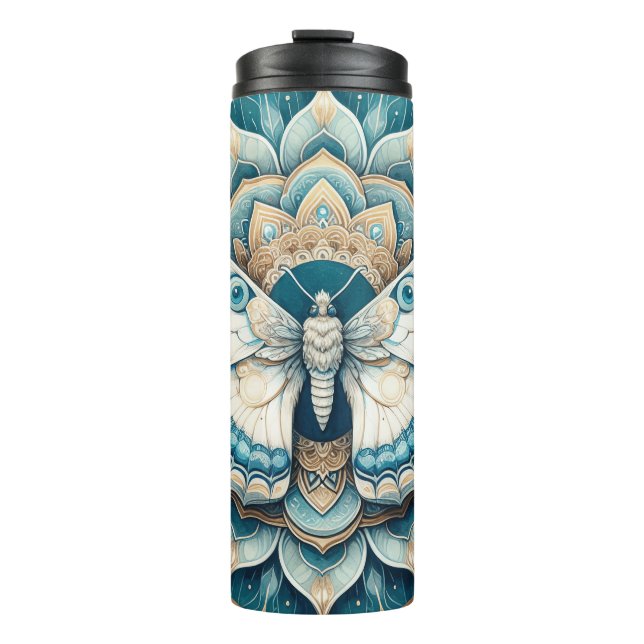 Termo Hummingbird Moth Mandala en oro, blanco y azul (Anverso)