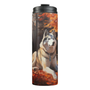 Termo Husky siberiano en otoño inspira caída de hojas 