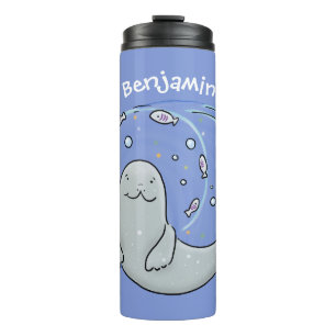 Termo Ilustracion de foca feliz y personalizado azul de 