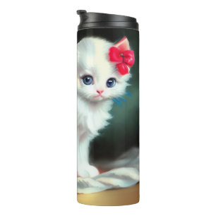 Termo Ilustracion de gatito blanco con flores rojas