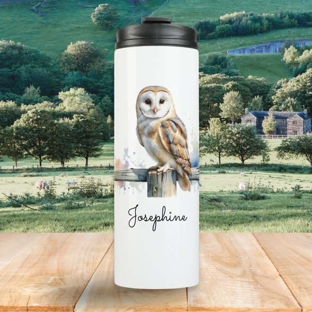 Termo Ilustración personalizada de ave de lechuza común  (A thermal brown owl picture tumbler for keeping hot or cold drinks at the right temperature)