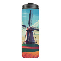 Ilustracion Windmill Tulip Field Países Bajos