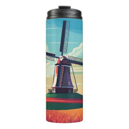 Termo Ilustracion Windmill Tulip Field Países Bajos