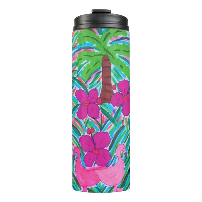 Termo Impresión de flamencos de playa y palmeras (Anverso)