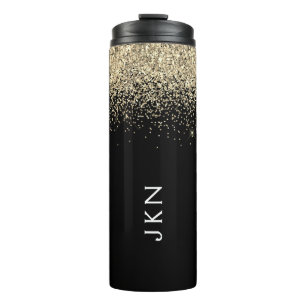 Termo Iniciales del Monograma Girly Black Purpurina Gold