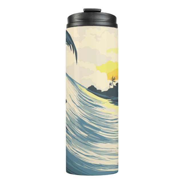 Termo Isla tropical, ola, puesta de sol surfista. (Anverso)