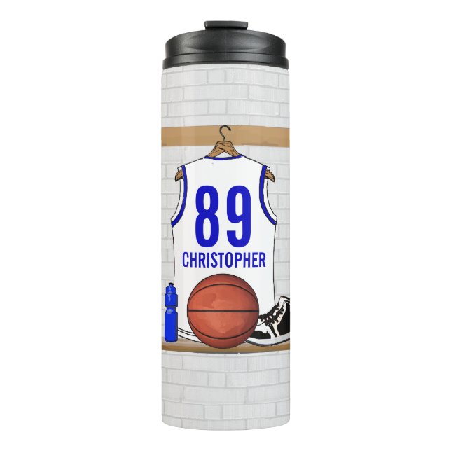 Termo Jersey de baloncesto blanco y azul personalizado (Anverso)